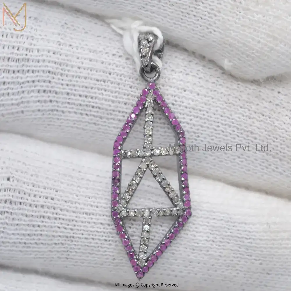 925 Silver Black Rhodium Pave Diamond & Ruby Gemstone Pendant Custom Jewelry