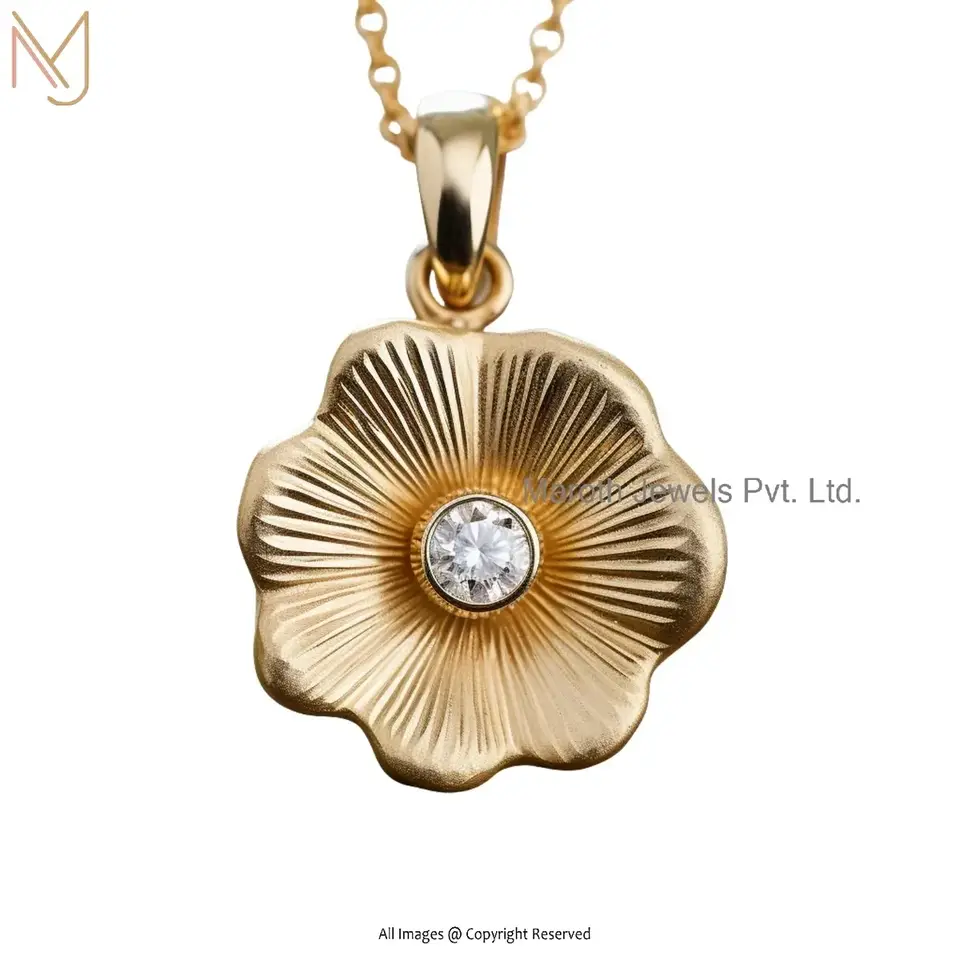 925 Silver Yellow Gold Plated Moissanite Fluted Flower Pendant Custom Jewelry