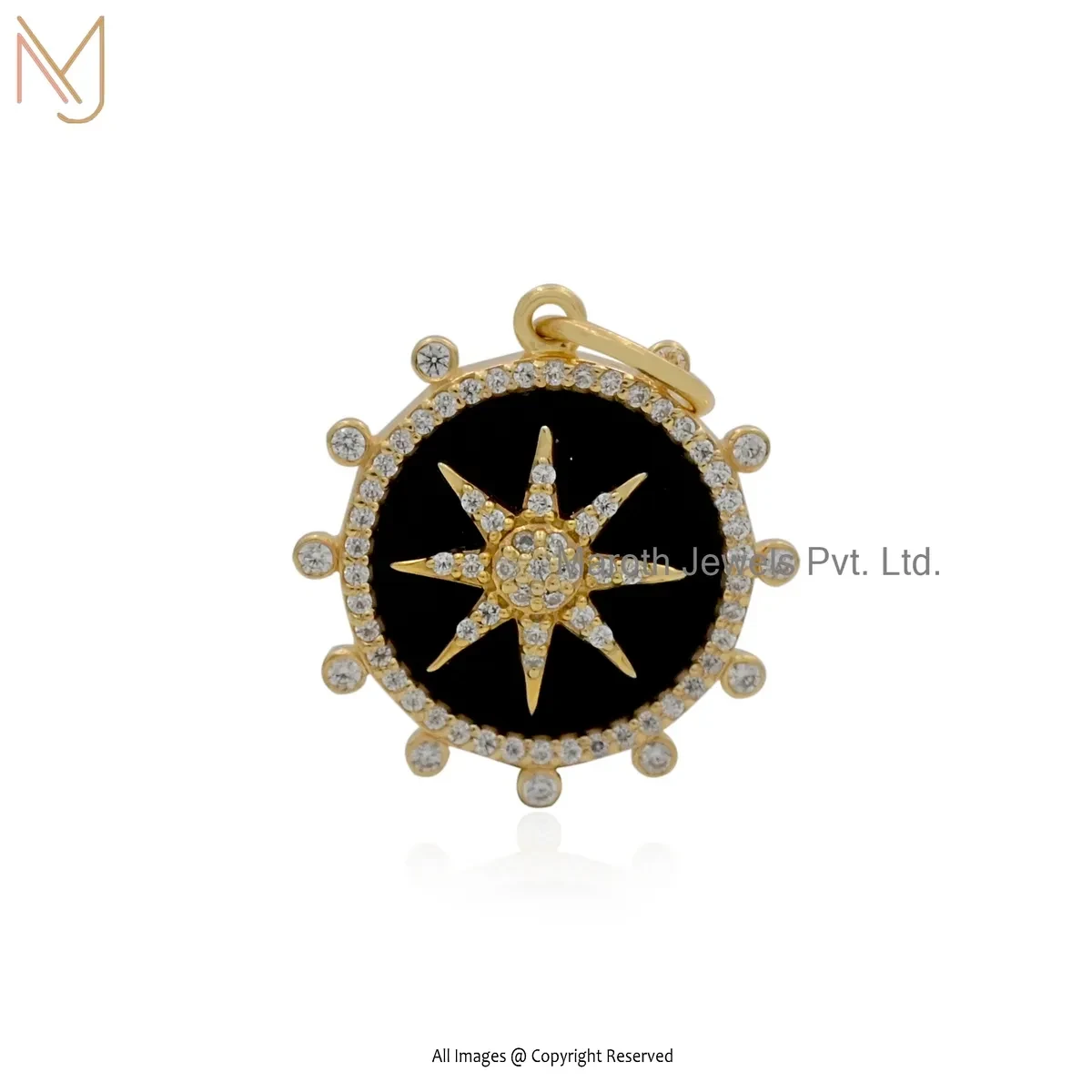 Private Lable 14K Yellow Gold Cubic Zircon & Black Onyx Starburst Pendant