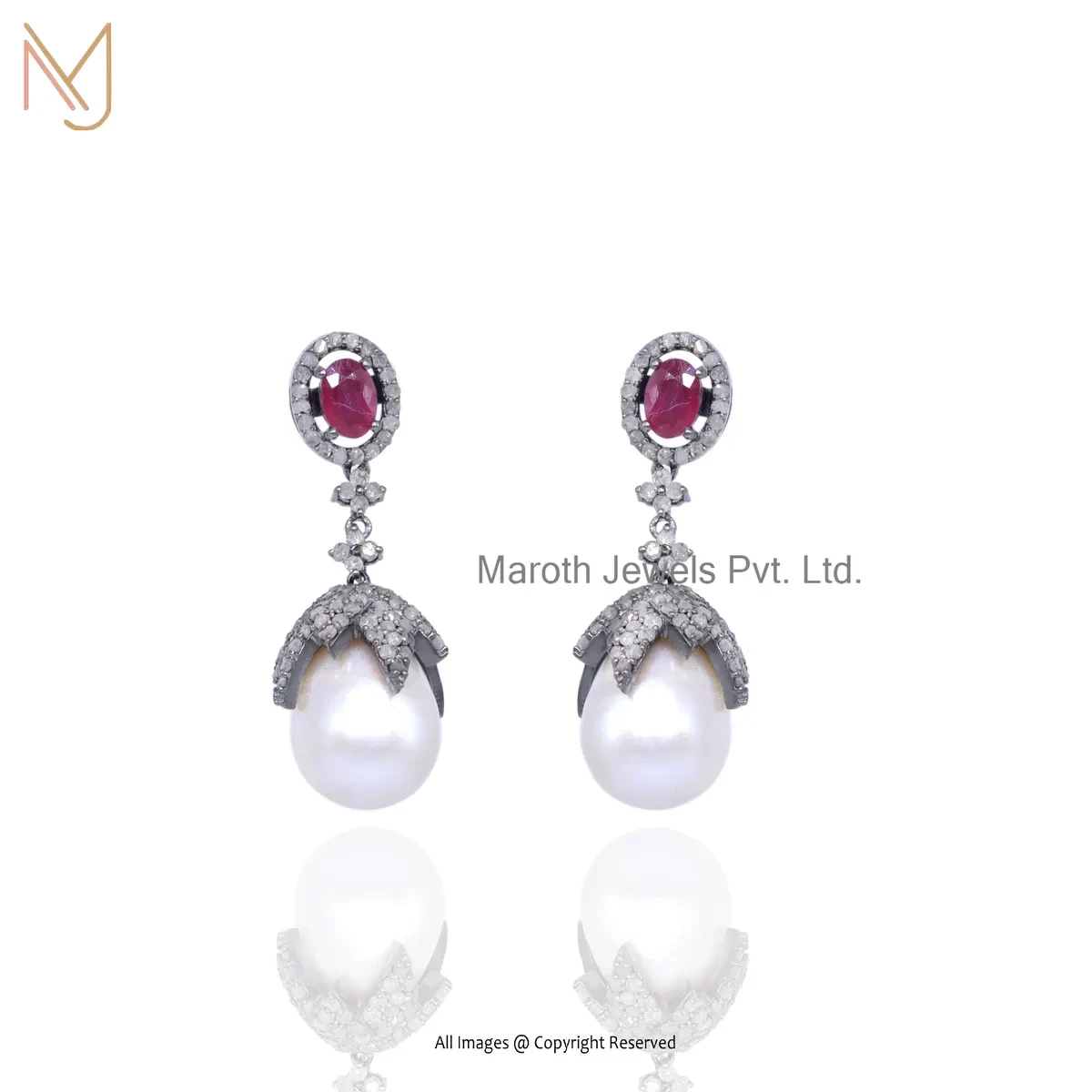 14K White Gold Diamond Pearl Gemstone Drop Earring Jewelry Supplier