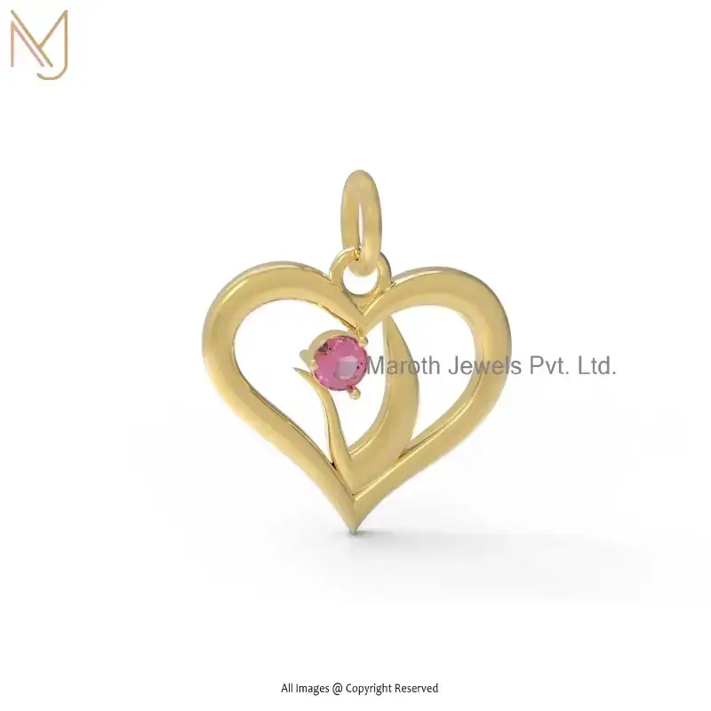 Wholesale 925 Silver Yellow Gold Plated Ruby Gemstone Heart Shape Pendant Jewelry
