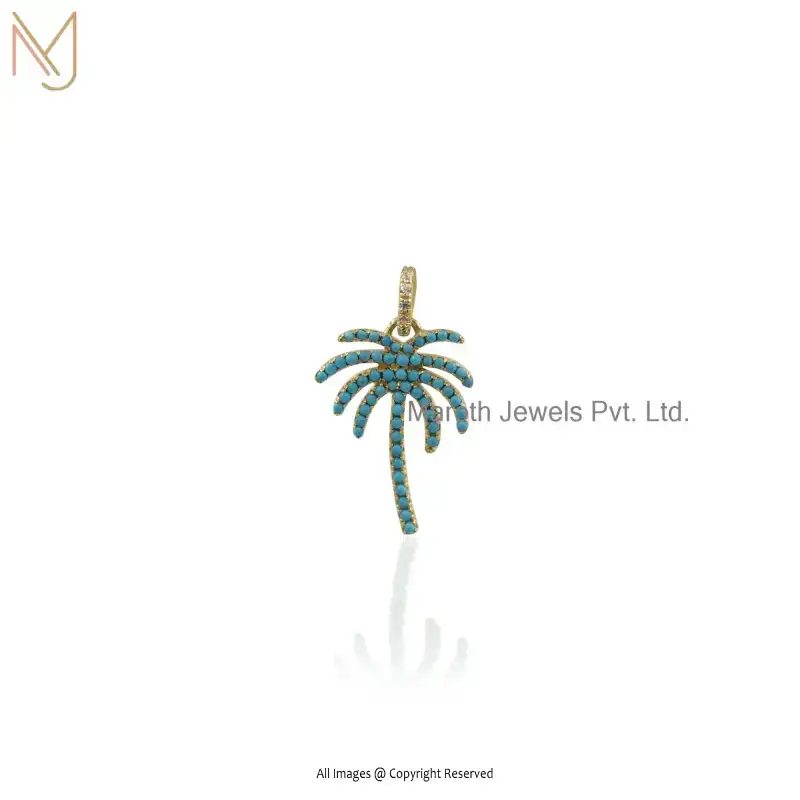 Wholesale 925 Silver Yellow Gold Plated Turquoise & Cubic Zircon Palm Tree Pendant