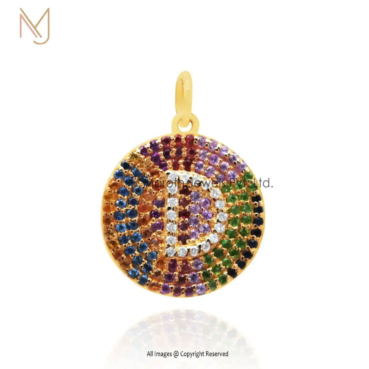 14K Yellow Gold Diamond & Multi Sapphire D Initial Monogram Pendant Jewelry Supplier