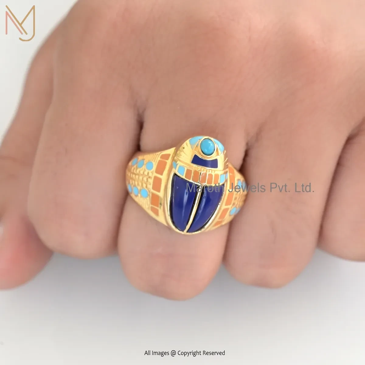 14K Yellow Gold Lapiz Lazuli And Turquoise & Multi Enamel Scarab Ring USA