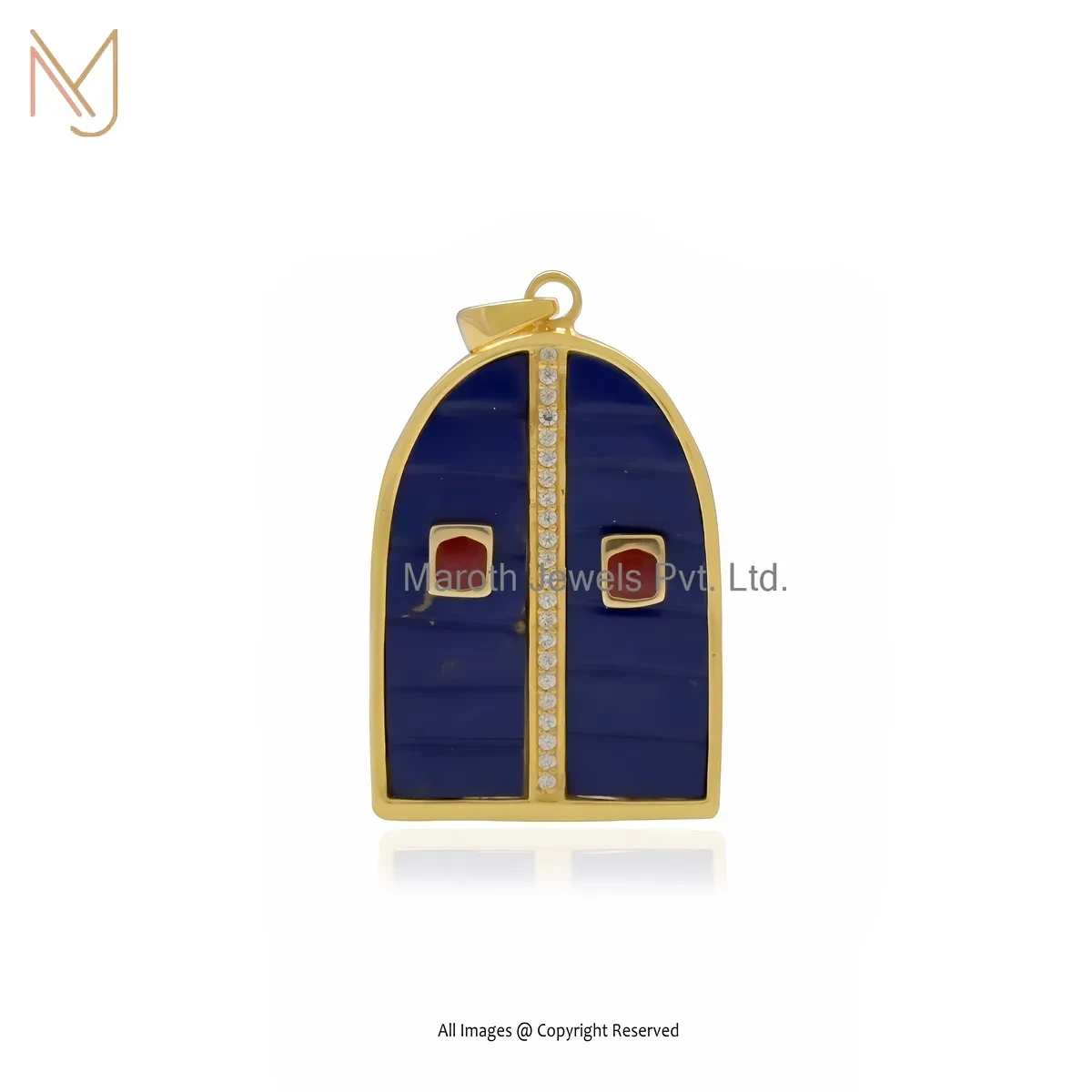 Private Lable 925 Silver Yellow Gold Plated Lapiz Lazuli Cubic Zircon Handmade Gemstone Pendant