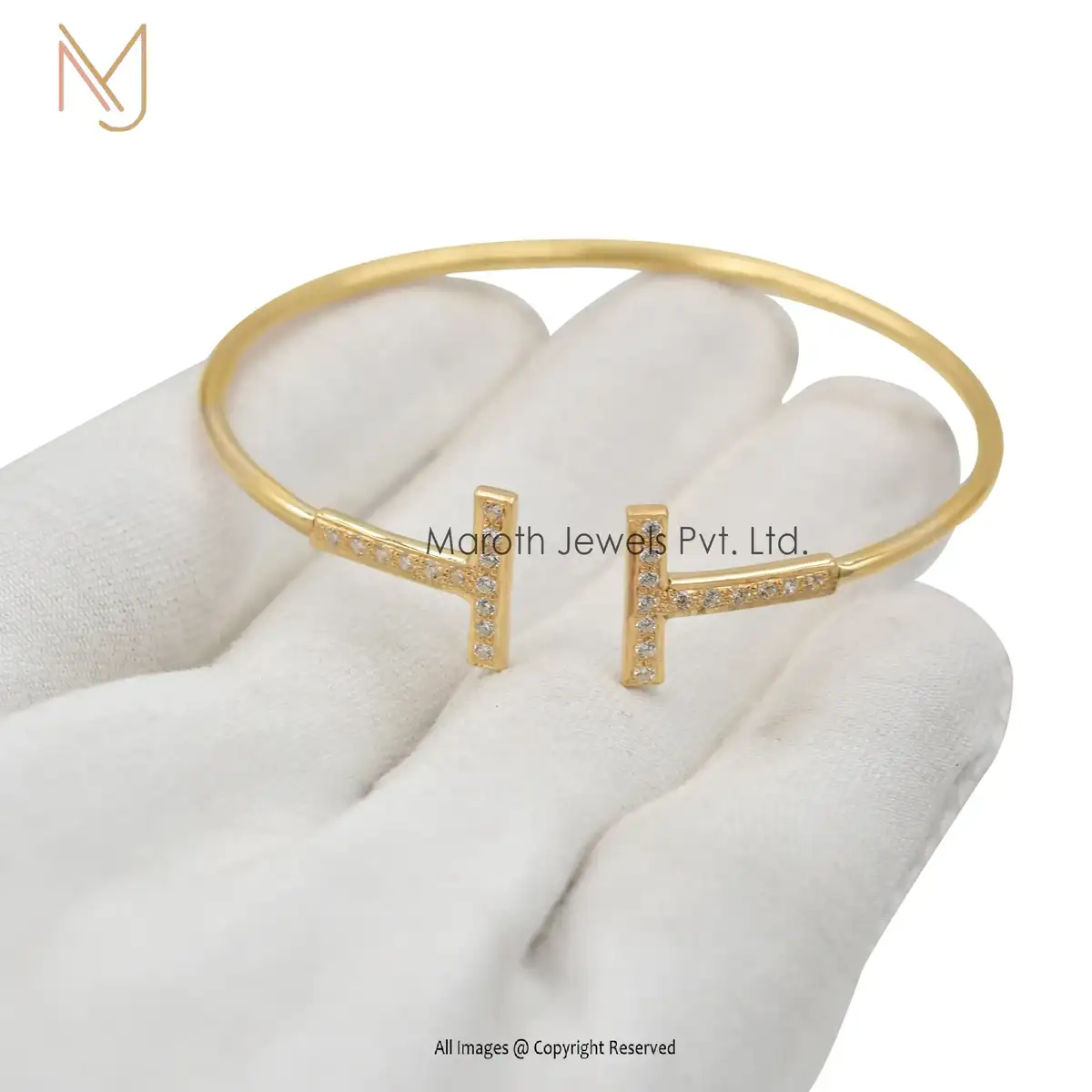 14K Yellow Gold Cubic Zircon Diamond T Cuff Bangle Custom Jewelry