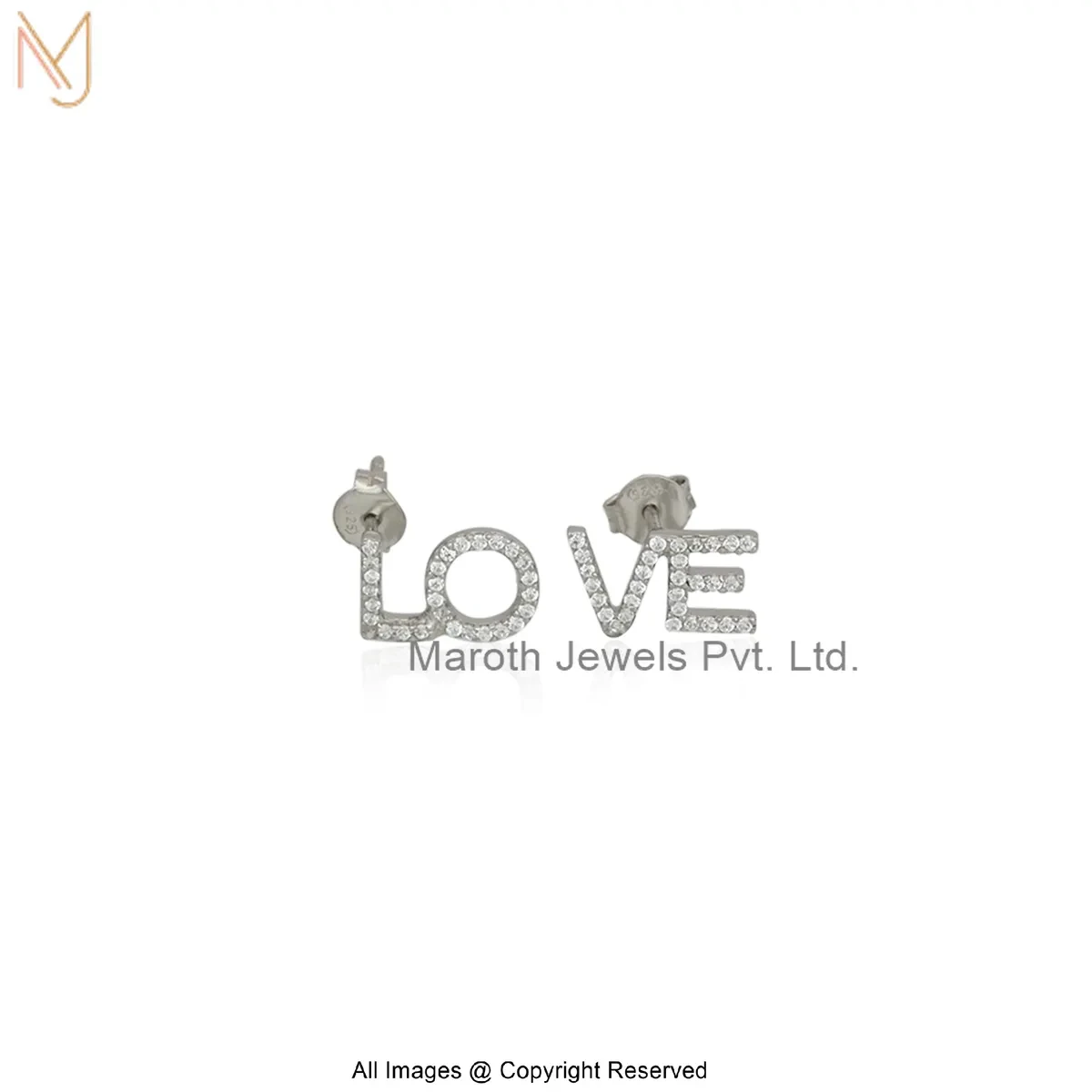 925 Silver White Gold Plated Cubic Zircon Diamond " LOVE " Stud Earring Custom Jewelry