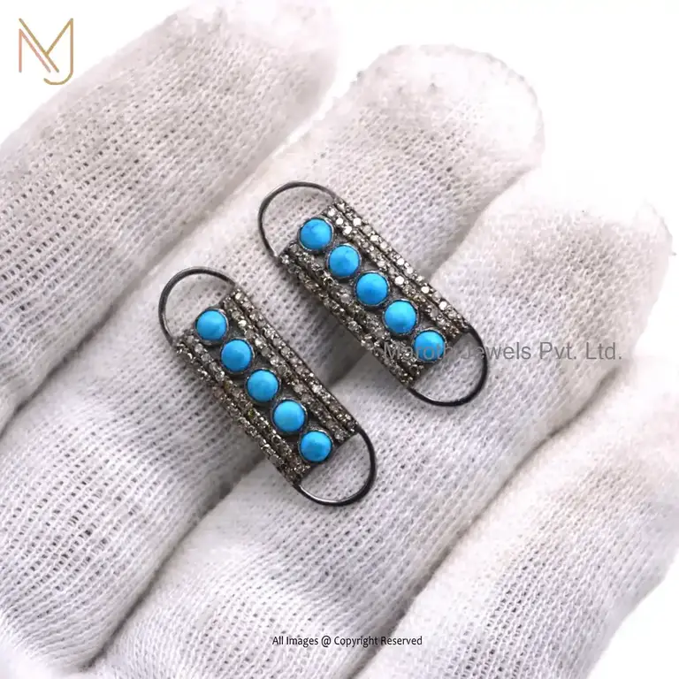 925 Silver Rhodium Pave Diamond & Turquoise Gemstone Bracelet Connector Finding Jewelry USA