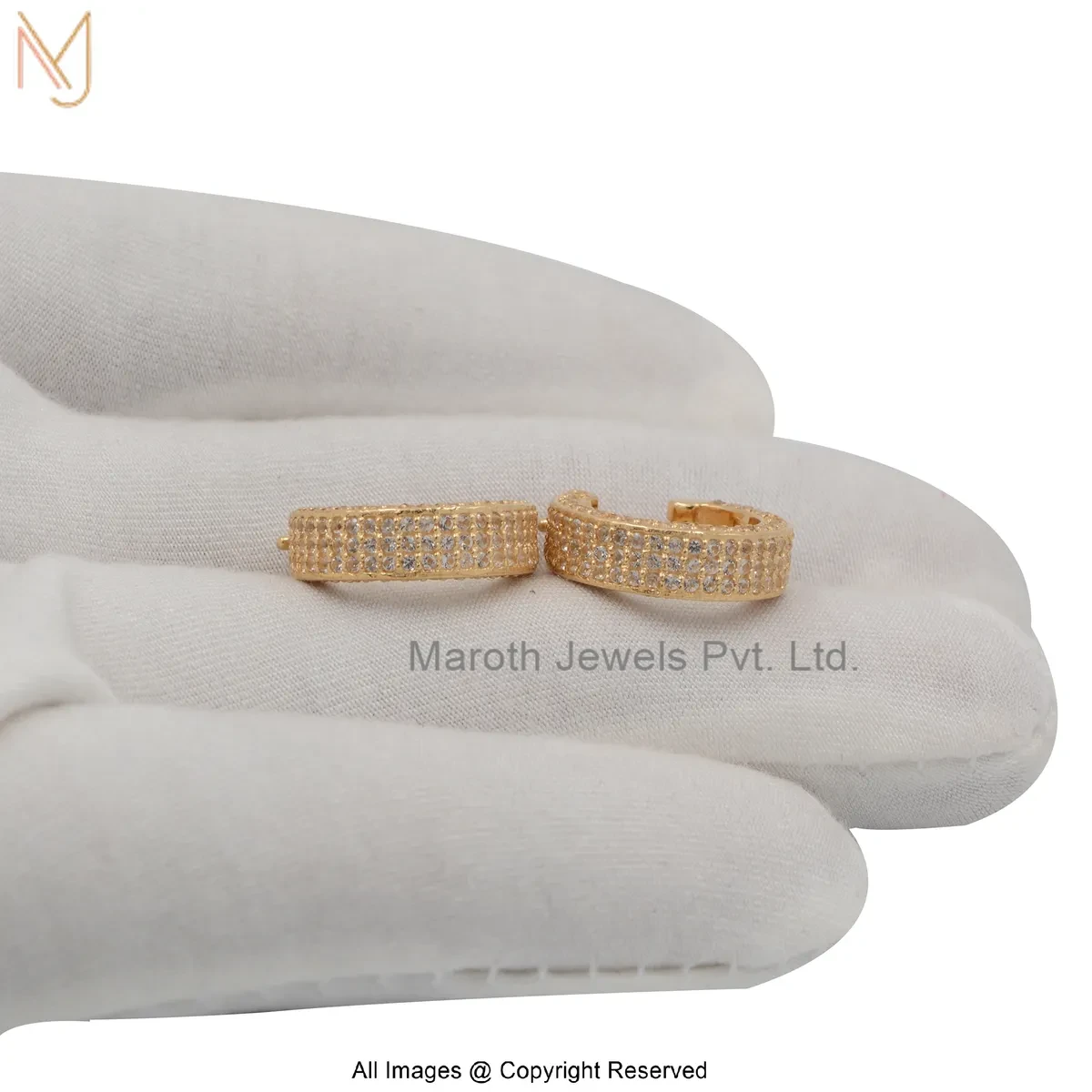 14K Yellow Gold White Topaz Huggies Hoop Earring Custom Jewelry