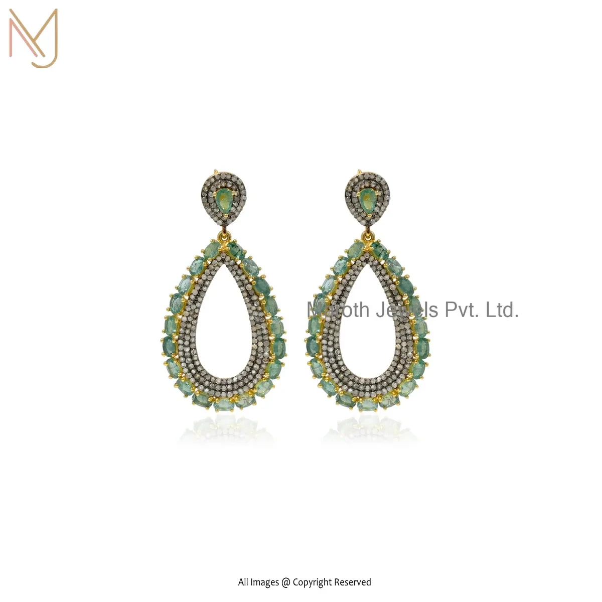 Wholesale 925 SIlver Yellow Gold Plated Diamond And Emerald Teardrop Earring