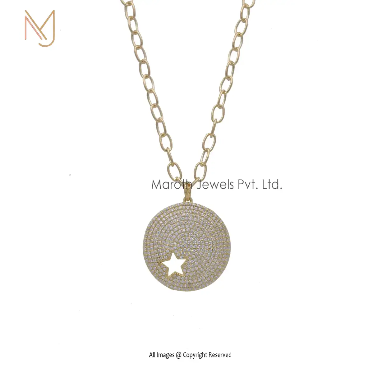 Private Lable 14K Yellow Gold Solid Pave Diamond Star Disk Pendant Jewelry
