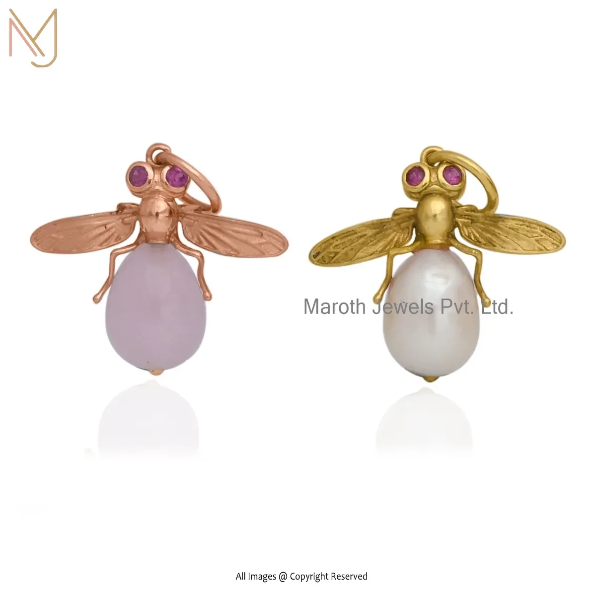 Private Lable 925 Silver Yellow Gold Plated Ruby Cubic Zircon & Rose Quartz Bee Pendant