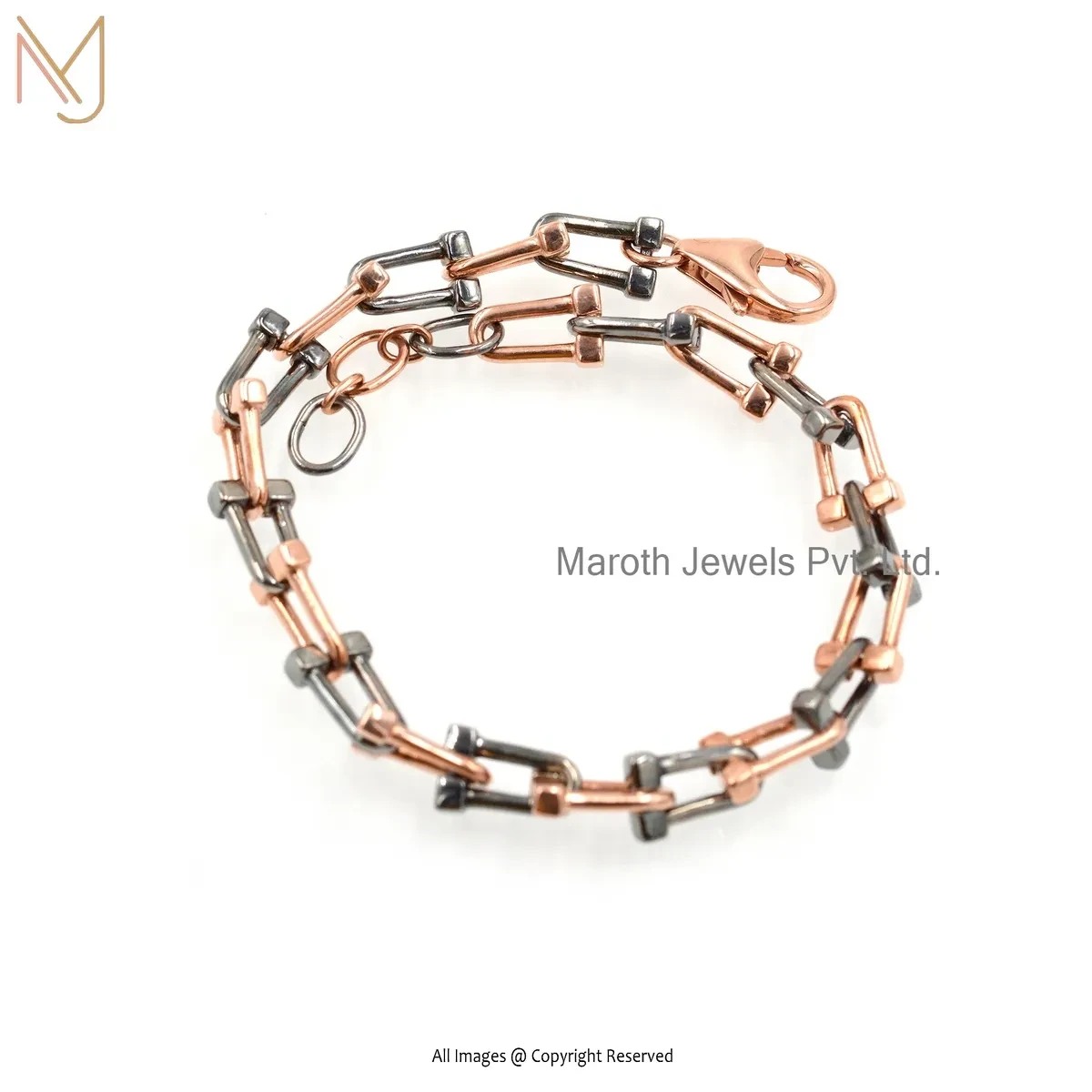 925 Silver Rose Gold & Black Rhodium Plated U Link Bracelet Jewelry USA