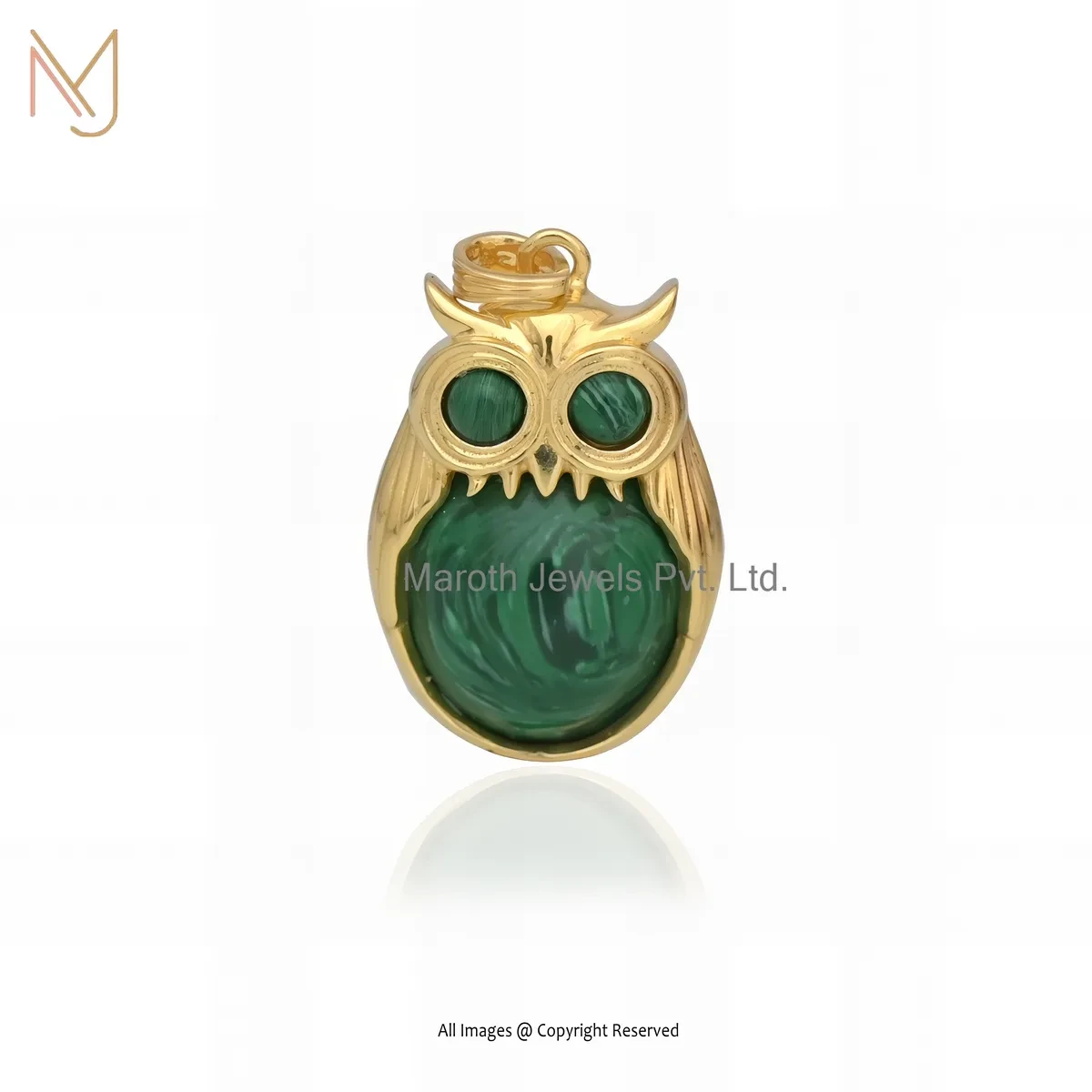925 Silver Yellow Gold Plated Malachite Gemstone Owl Pendant Manufacturer