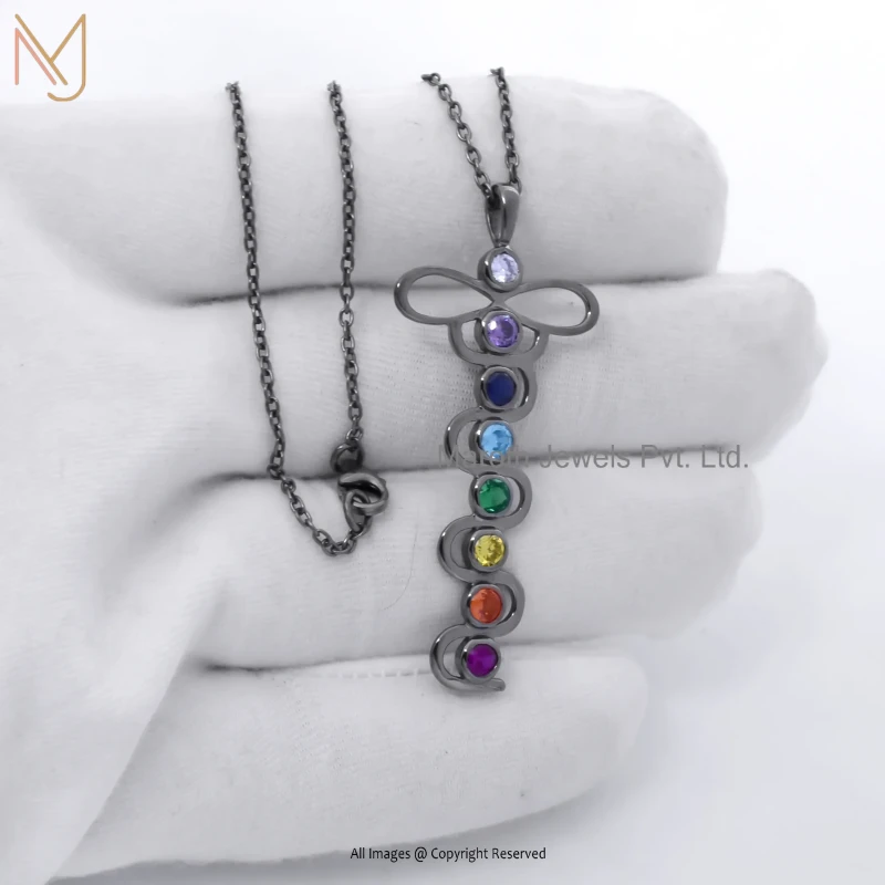 925 Silver Natural Silver Plated Multi Gemstone CZ Winged Caduceus Chakra Pendant Custom Jewelry