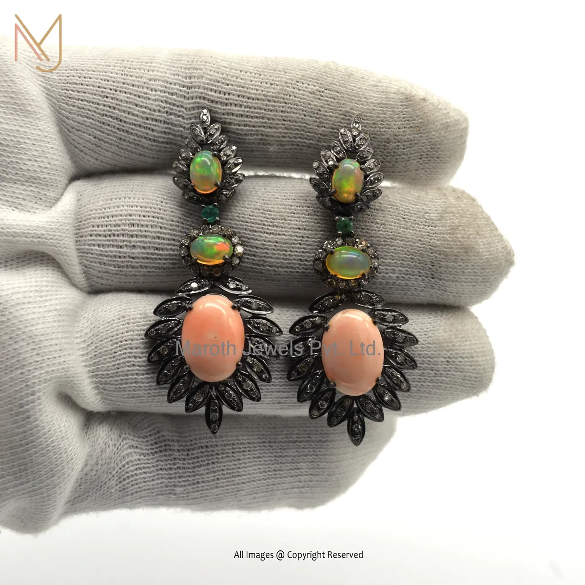 925 Silver Rhodium Plated Pave Diamond , Emerald , Opal Gemstone Dangle Earring Custom Jewelry