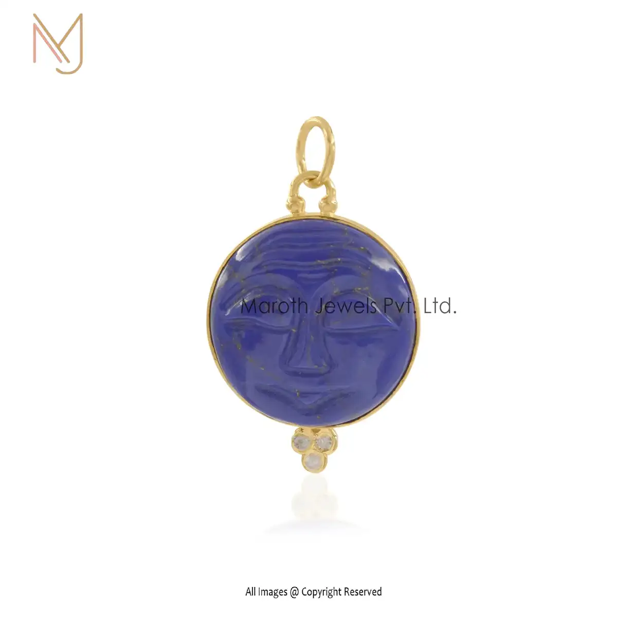 14K Yellow Gold & Lapiz Lazuli Three Diamond Moon Face Pendant USA