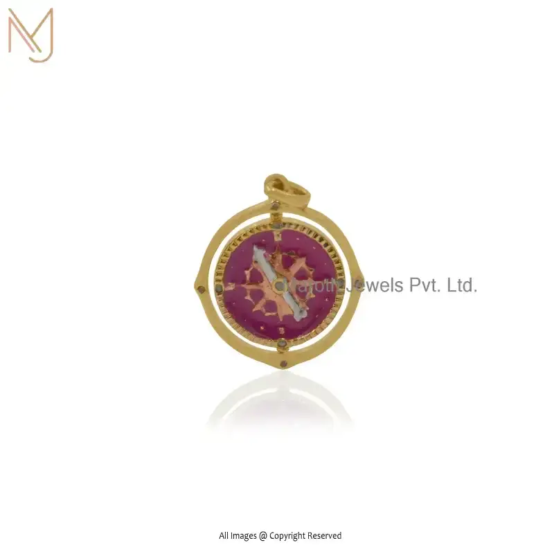 14K Yellow Gold Pink Enamel Gemstone Diamond Compass Pendant USA