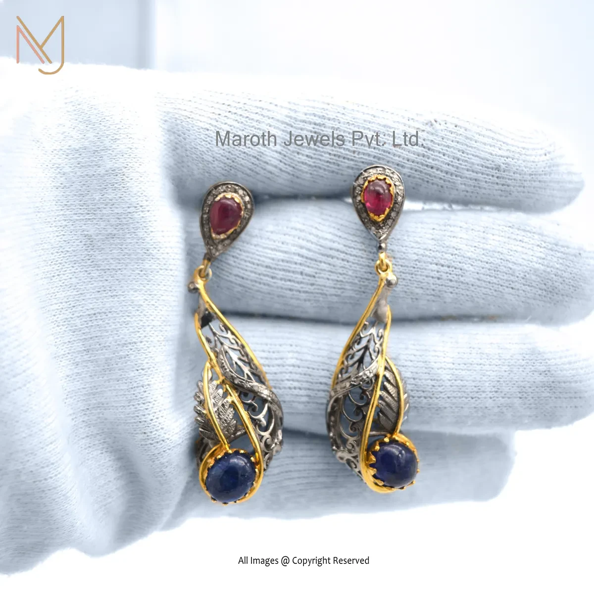 Wholesale 14K Yellow Gold Pave Diamond & Ruby Blue Sapphire Leaf Drop Earring