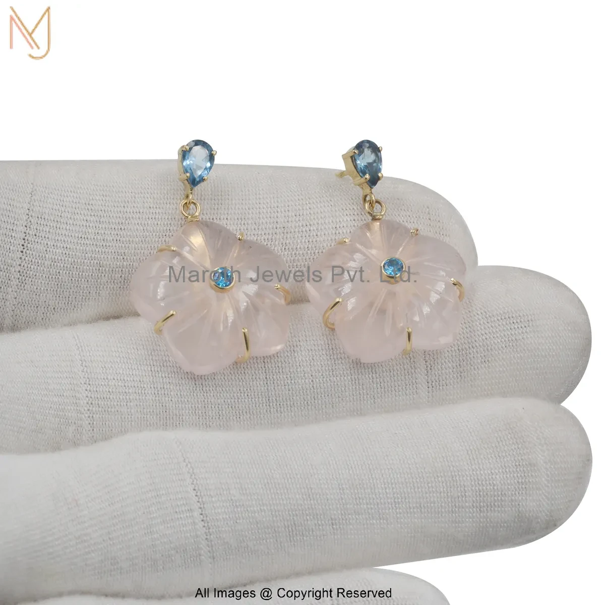 925 Silver Yellow Gold Plated Blue Topaz And Rose Quartz Flower Drop Earring Custom Jewelry
