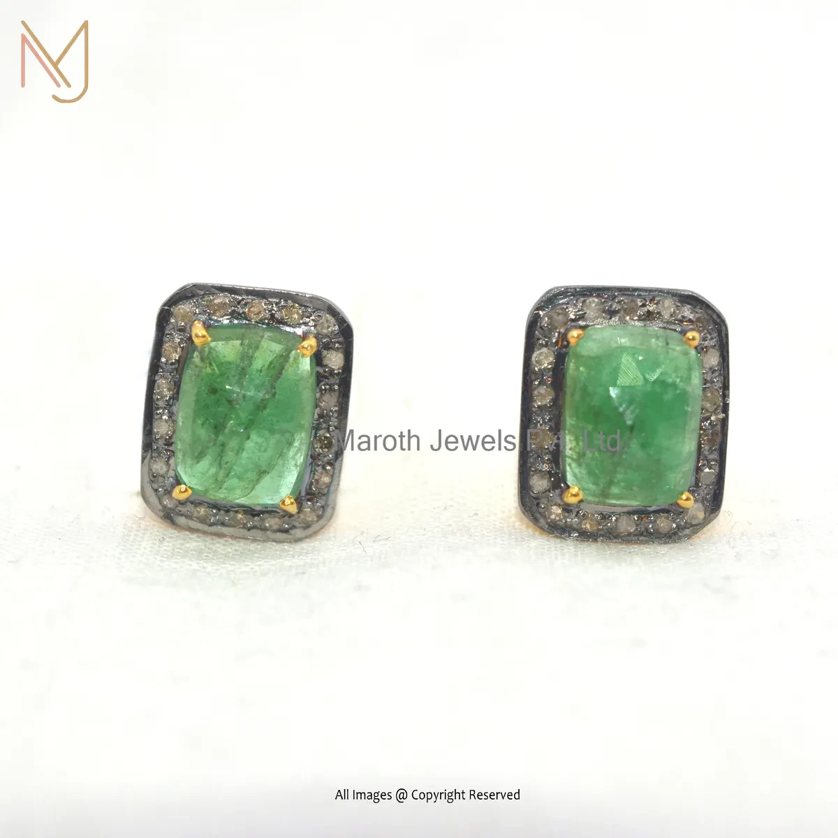 14K Yellow Gold Pave Diamond Emerald Stud Earring Jewelry Supplier