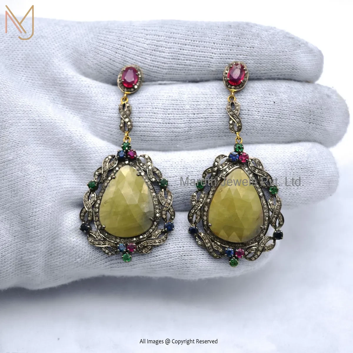 925 Silver Yellow Gold Plated Emerald, Multi Gemstone Drop Earring Manufacturer
