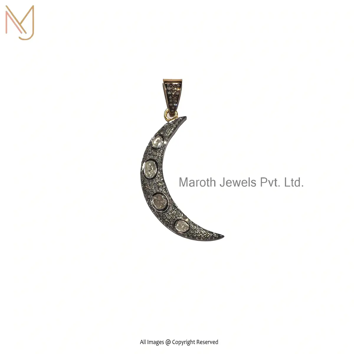925 Sterling Silver Rhodium Yellow Gold Plated Rose Cut Diamond Half Moon Pendant Jewelry Manufacturer