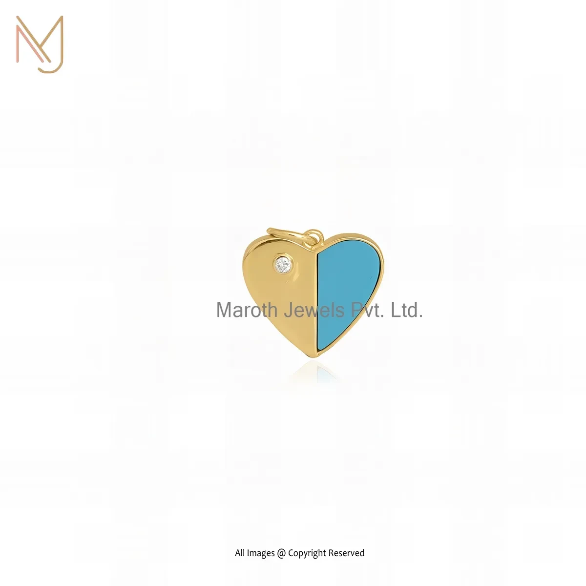 14K Yellow Gold Turqouise And Moissanite Heart Pendant Manufacturer