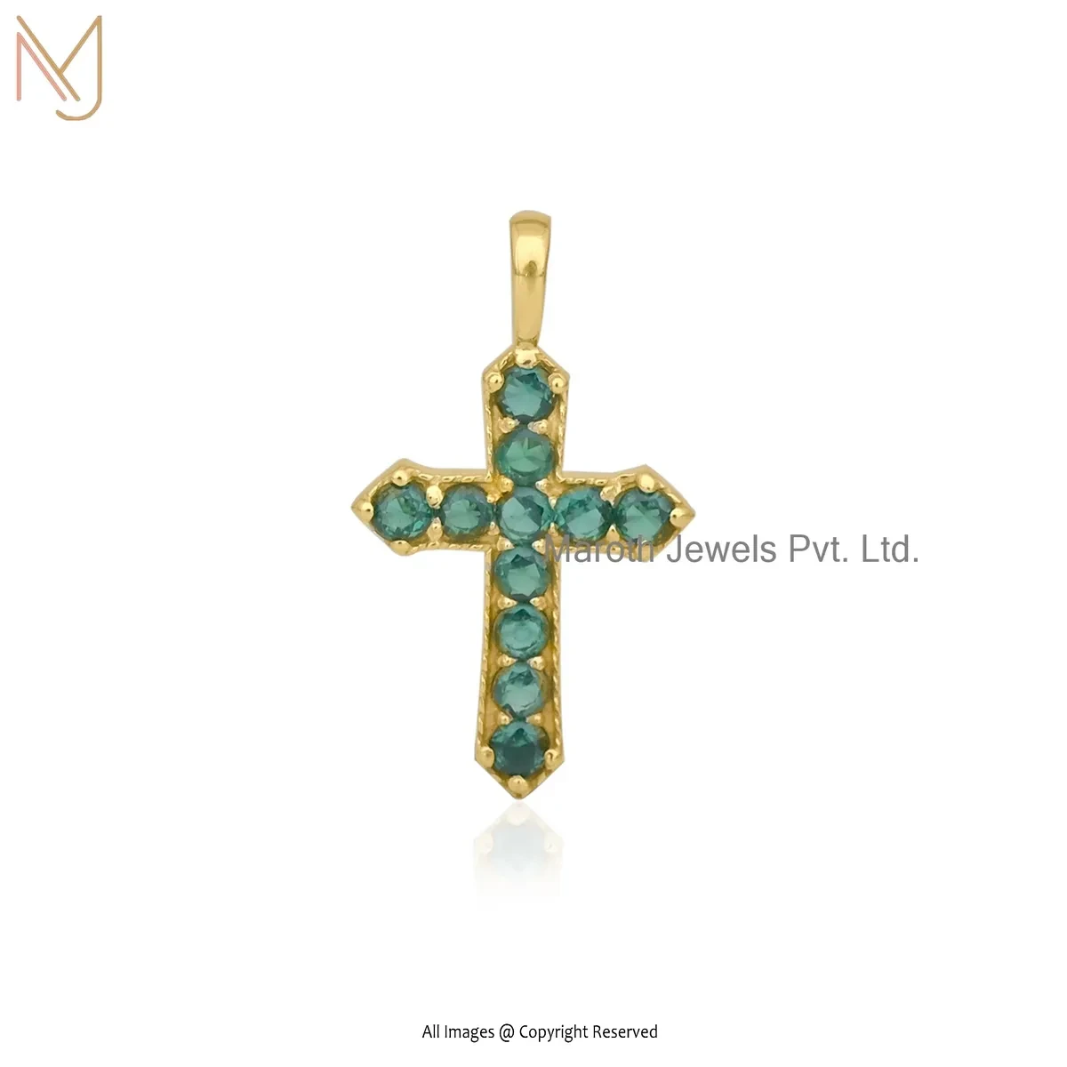 925 Silver Yellow Gold Plated Emerald Gemstone Cross Pendant Custom Jewelry