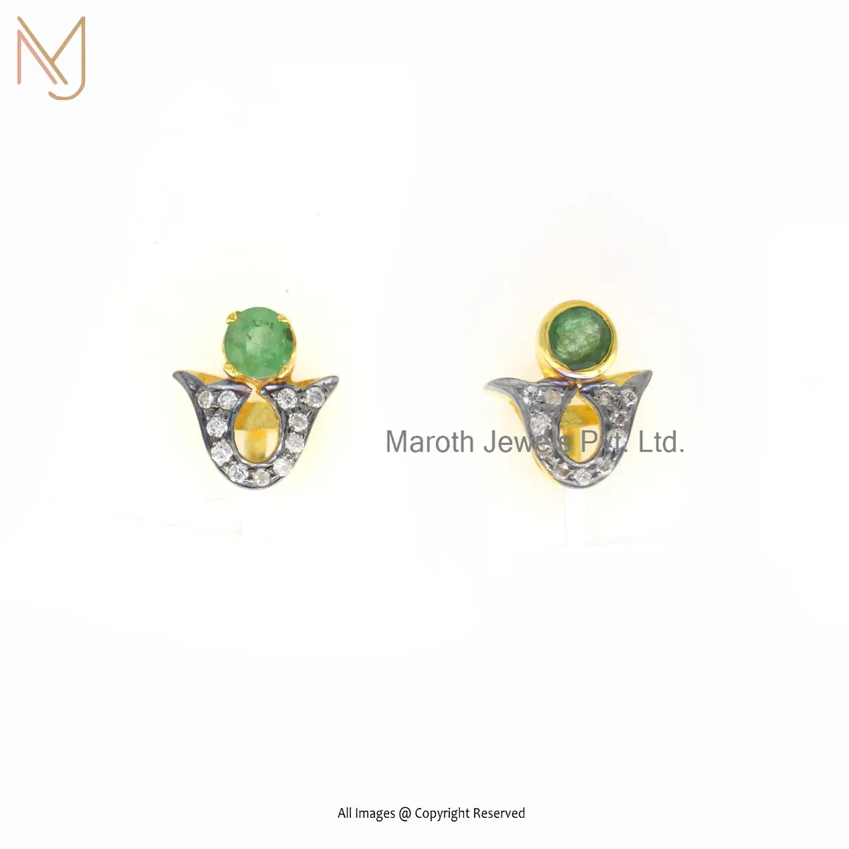 14K Yellow Gold Diamond Emerald Stud Earring Jewelry Supplier