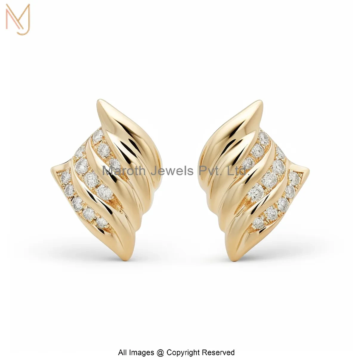 14K Yellow Gold Diamond Moissanite Feather Gold Stud Earrings Jewelry Supplier