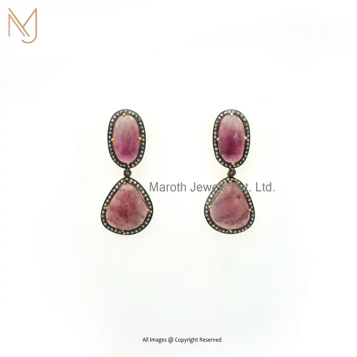 Wholesale 925 Silver Yellow Gold Plated Pave Diamond Pink Sapphire Gemstone Drop Earring