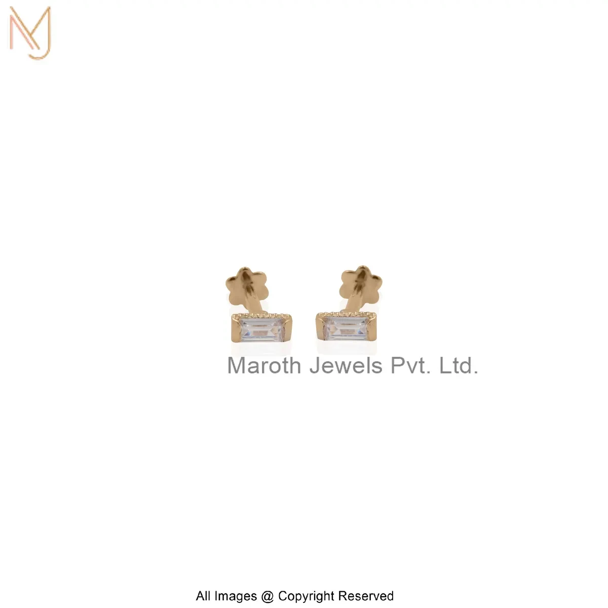 925 Silver Yellow Gold Plated White Topaz Baguette Stud Earring Custom Jewelry