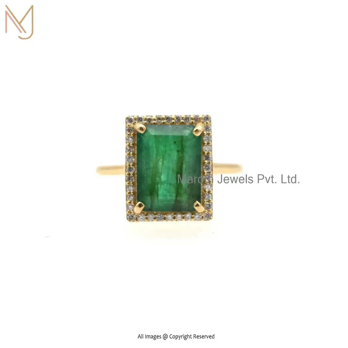 Wholesale 925 Silver Yellow Gold Plated Emerald And Round Diamond Engagement Ring