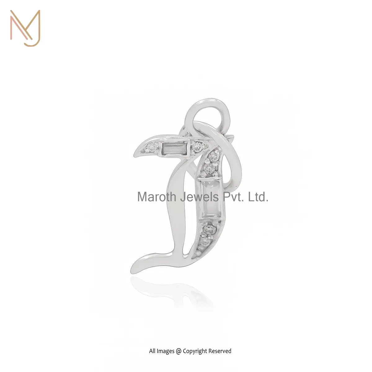 Wholesale 925 Silver Natural Silver Plated Cubic Zircon And Baguette Letter J Gothic Initial Pendant