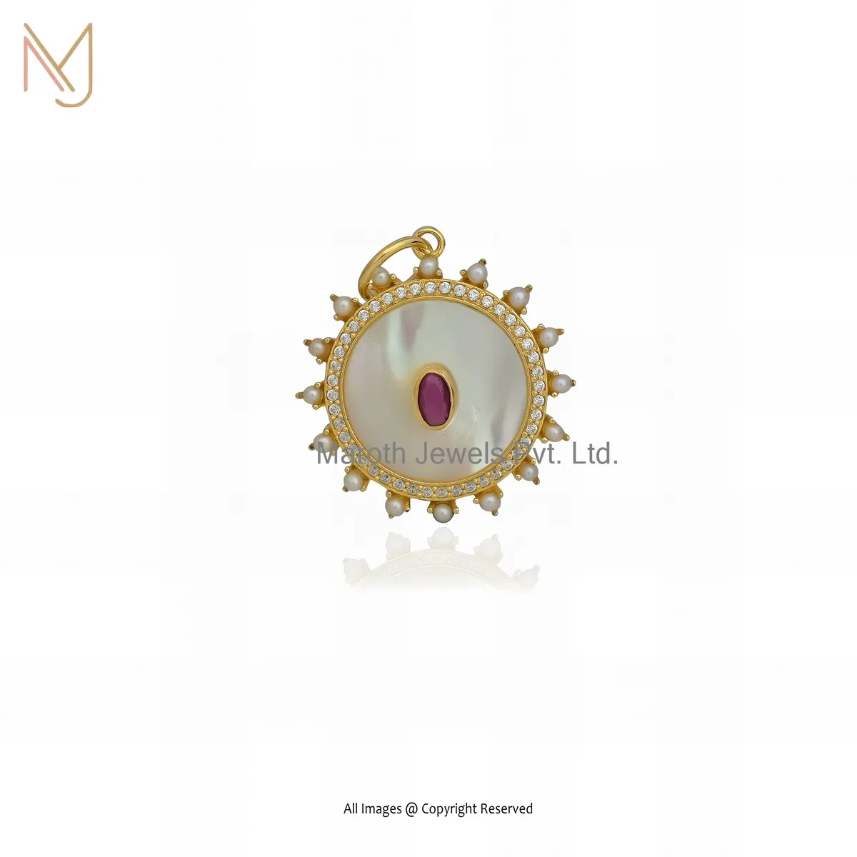 Wholesale 14K Yellow Gold Cubic Zircon & Mother Of Pearl Gemstone Disc Pendant