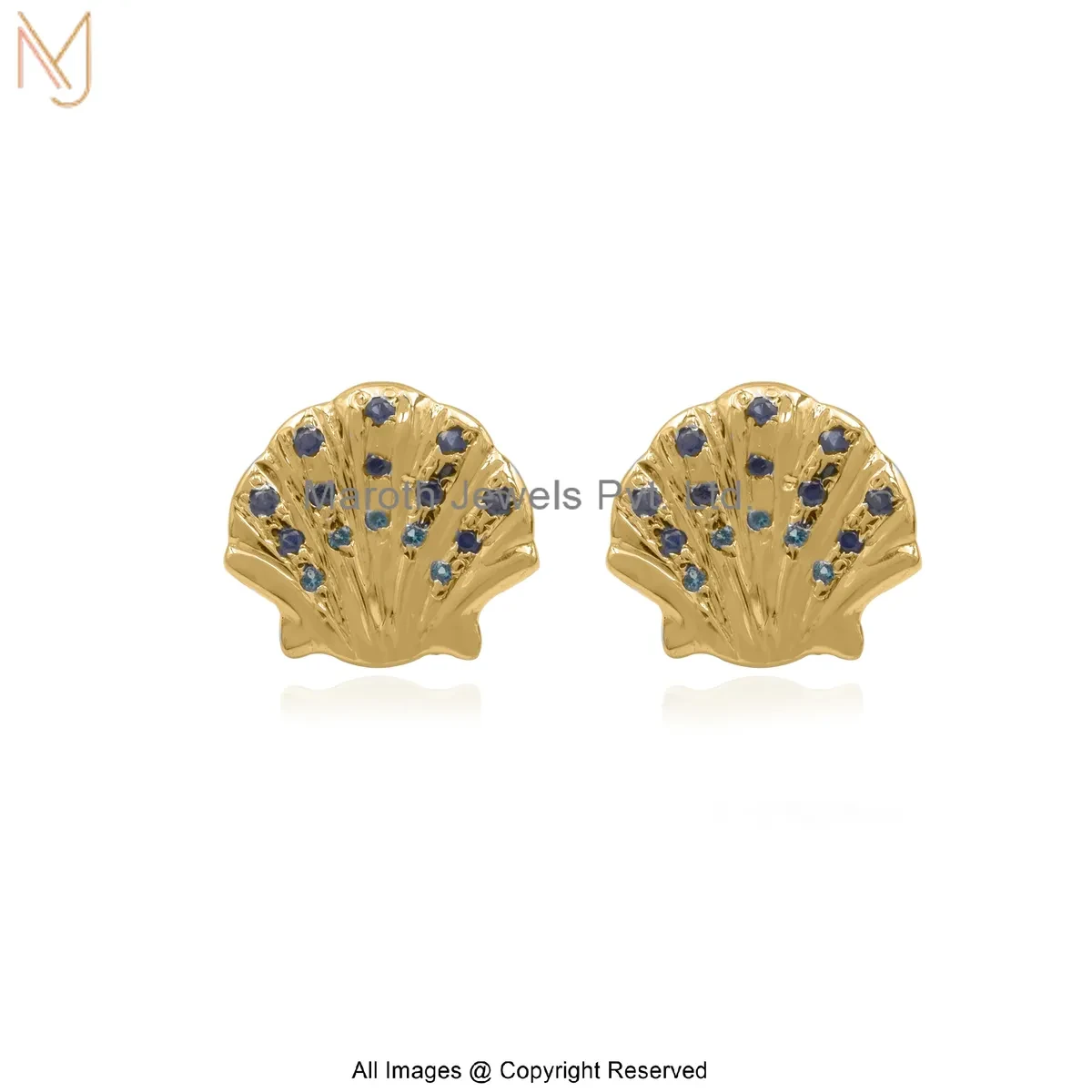 9K Yellow Gold Blue Sapphire Gemstone Shell Stud Earring Custom Jewelry