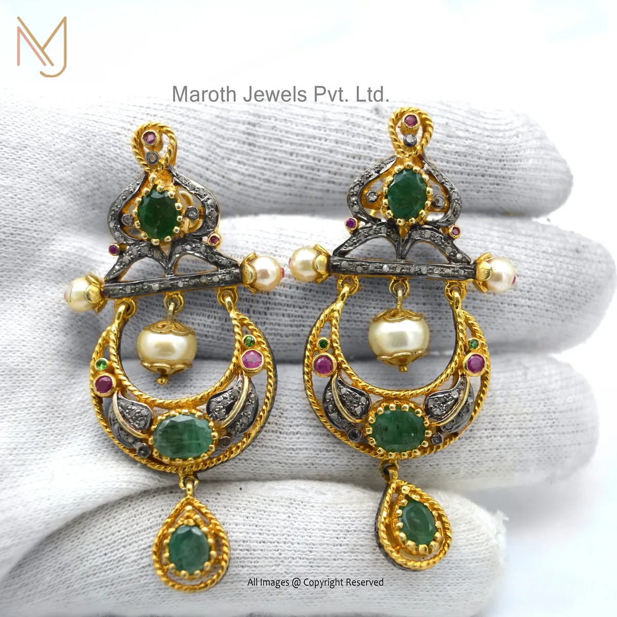 Private Lable 925 SIlver Yellow Gold Plated Diamond, Emerald, Ruby, Pearl, Gemstone Earring