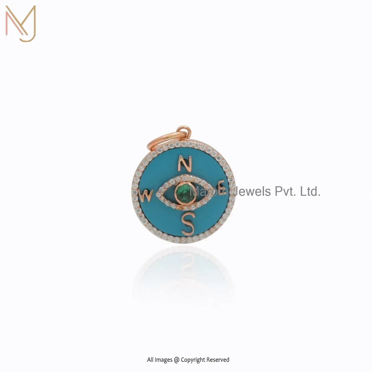 14K Rose Gold Cubic Zircon & Turquoise Gemstone Evil Eye Compass Handmade Pendant USA