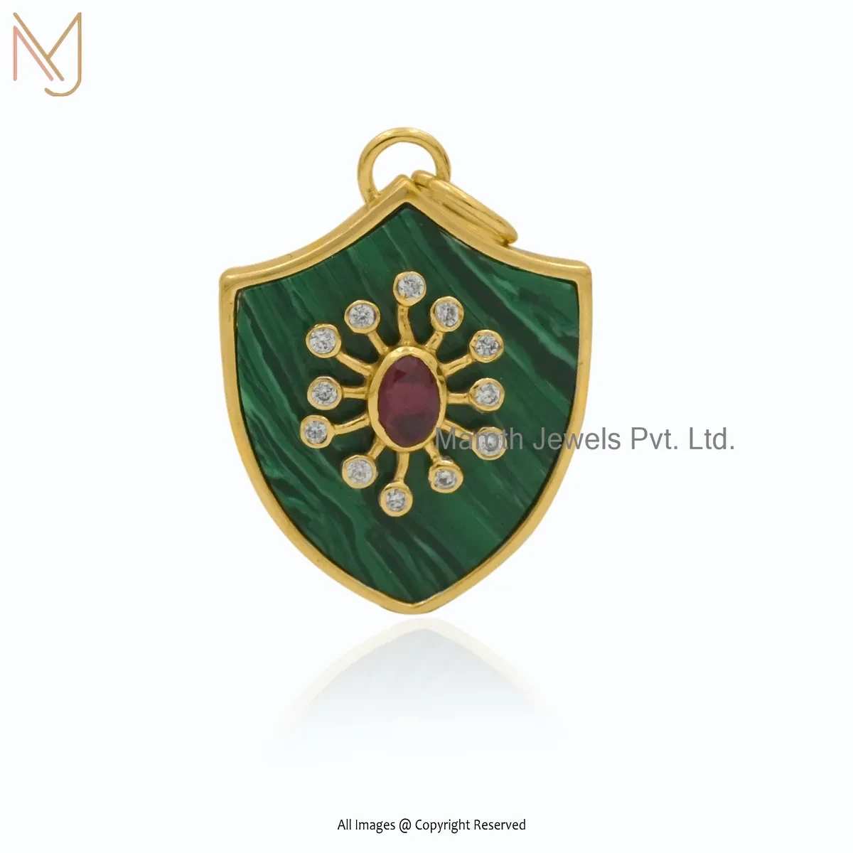 Private Lable 925 Silver Yellow Gold Plated Ruby Cubic Zircon & Lapiz Lazuli Shield Pendant