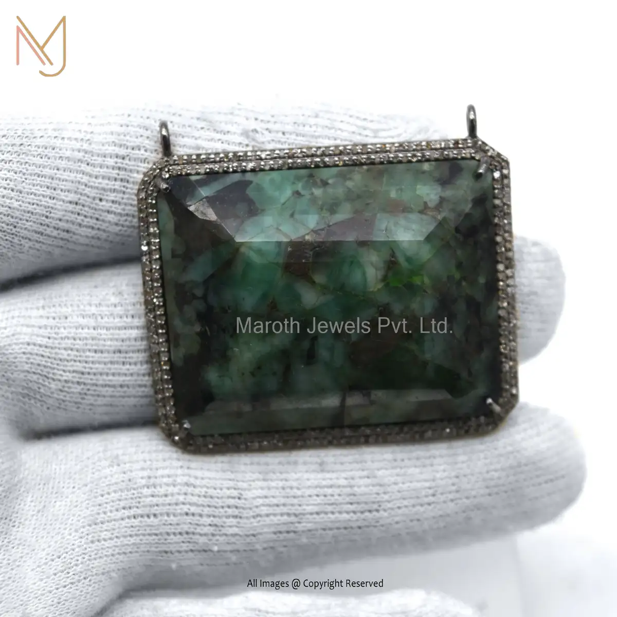 Private Lable 925 Sterling Silver Black Rhodium Plated Pave Diamond Emerald Rectangle Shapes Pendant Jewelry