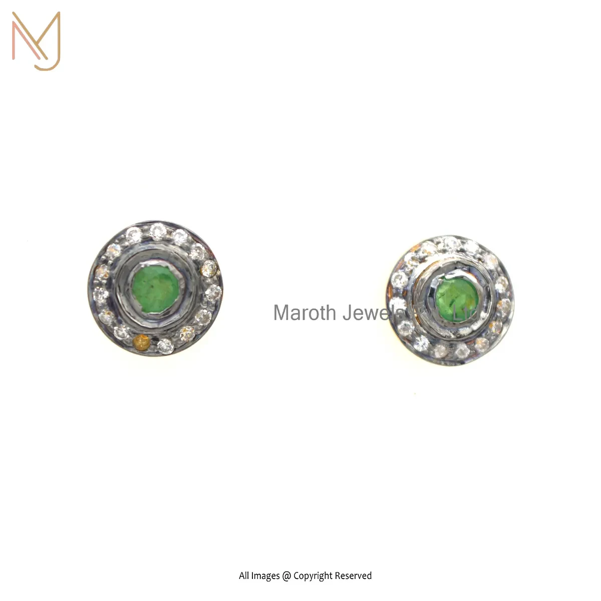 925 Silver Yellow Gold Rhodium Plated Pave Diamond Emerald Disc Stud Earring Jewelry Supplier