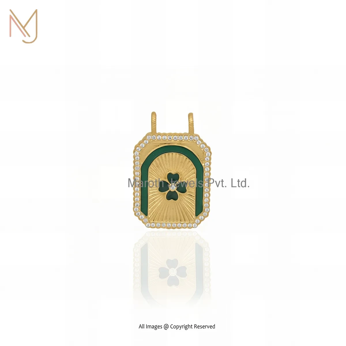 Private Lable 925 Silver Yellow Gold Plated Cubic Zircon Green Enamel Clover Scapular Pendant