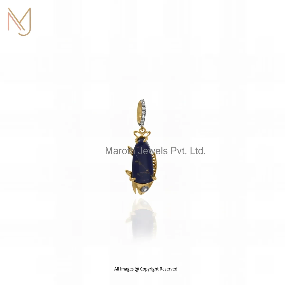 Private Lable 925 Silver Yellow Gold Rhodium Plated Cubic Zircon & Lapiz Lazuli Gemstone Fish Charm Pendant