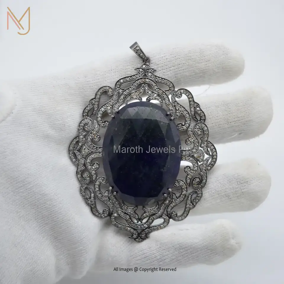 925 Silver Rhodium Plated Pave Diamond And Blue Sapphire Gemstone Designer Pendant Jewelry Manufacturer