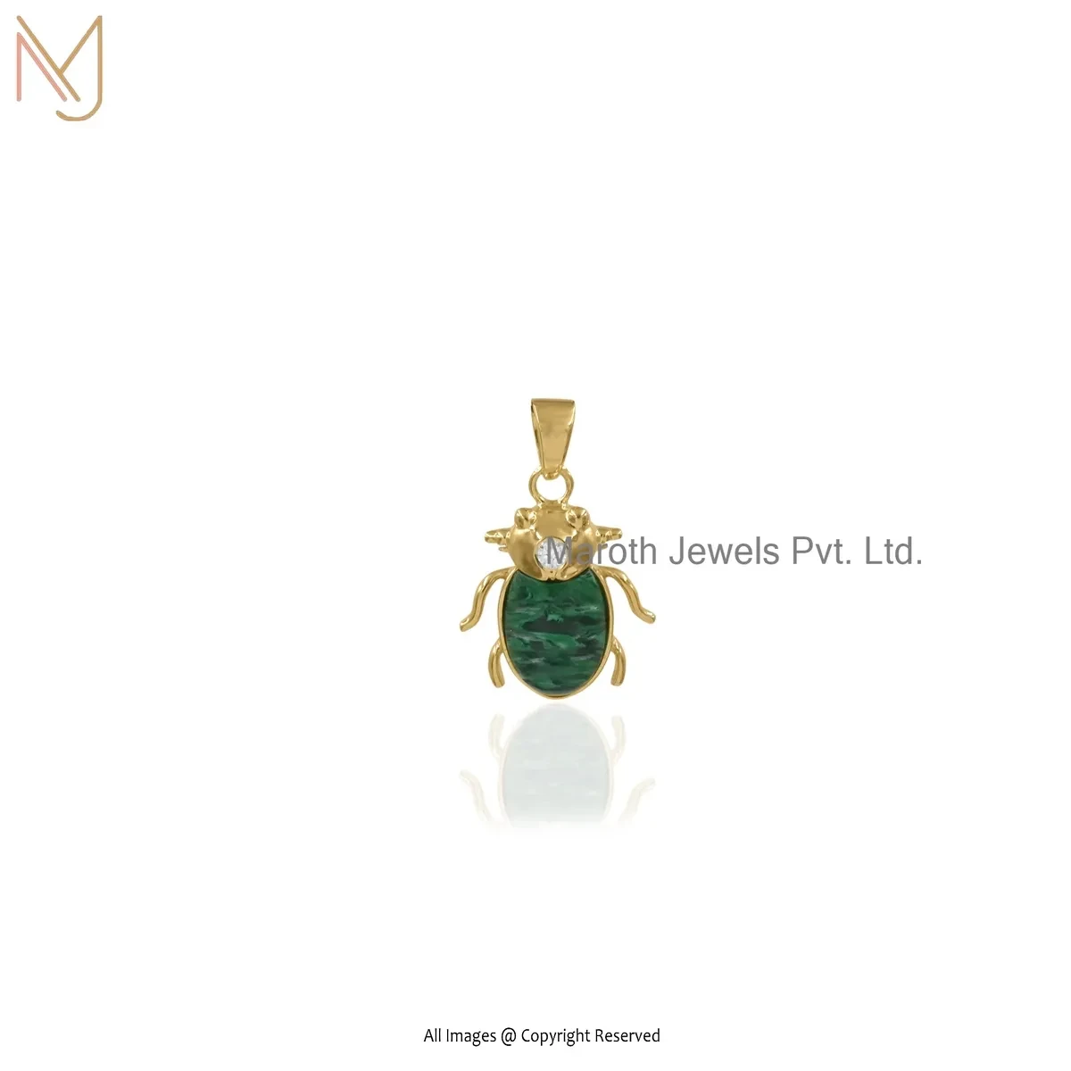 925 Silver Yellow Gold Plated Cubic Zircon & Malachite Gemstone Scarab Charm Pendant USA
