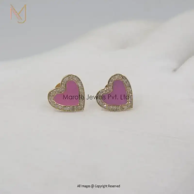 925 Silver Yellow Gold Diamond & Pink Enamel Heart Design Studs Earrings Manufacturer