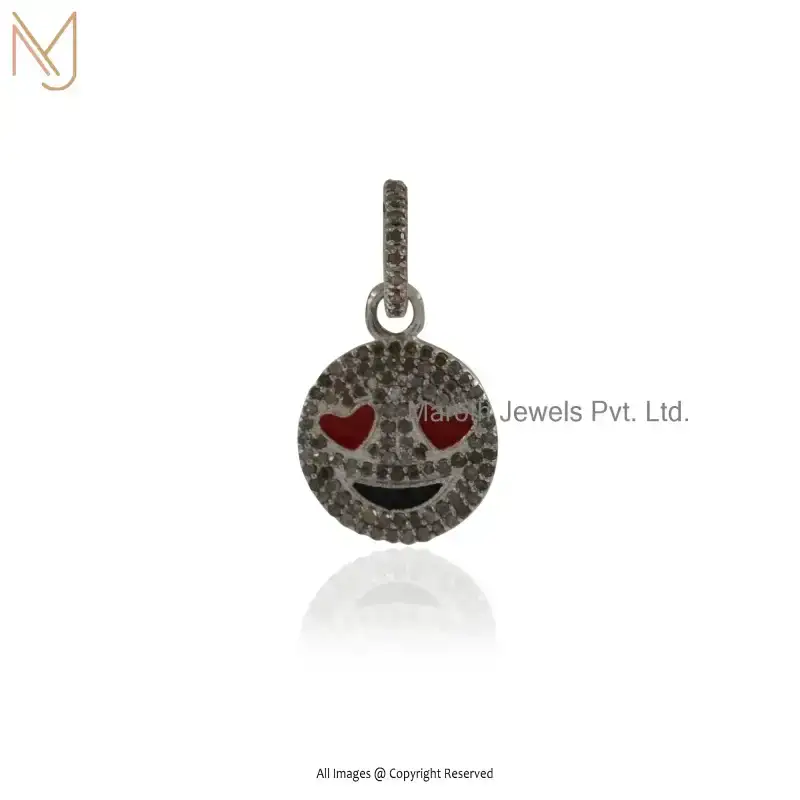 14K Yellow Gold Diamond Black And Red Enamel Smiley Gemstone Hip Hop Emoji Pendant USA