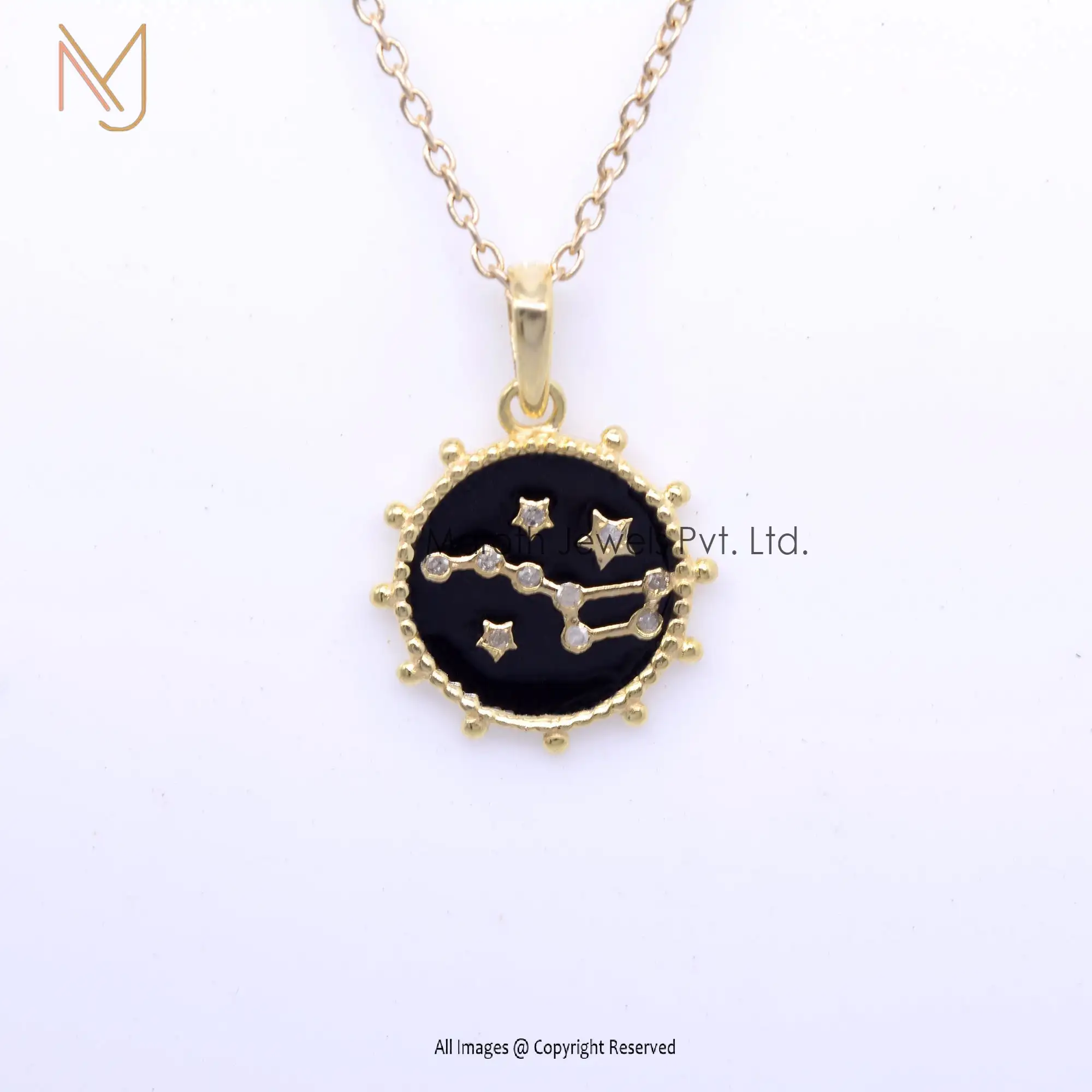 14K Yellow Gold Three Star Black Enamel Pave Diamond Pendant USA