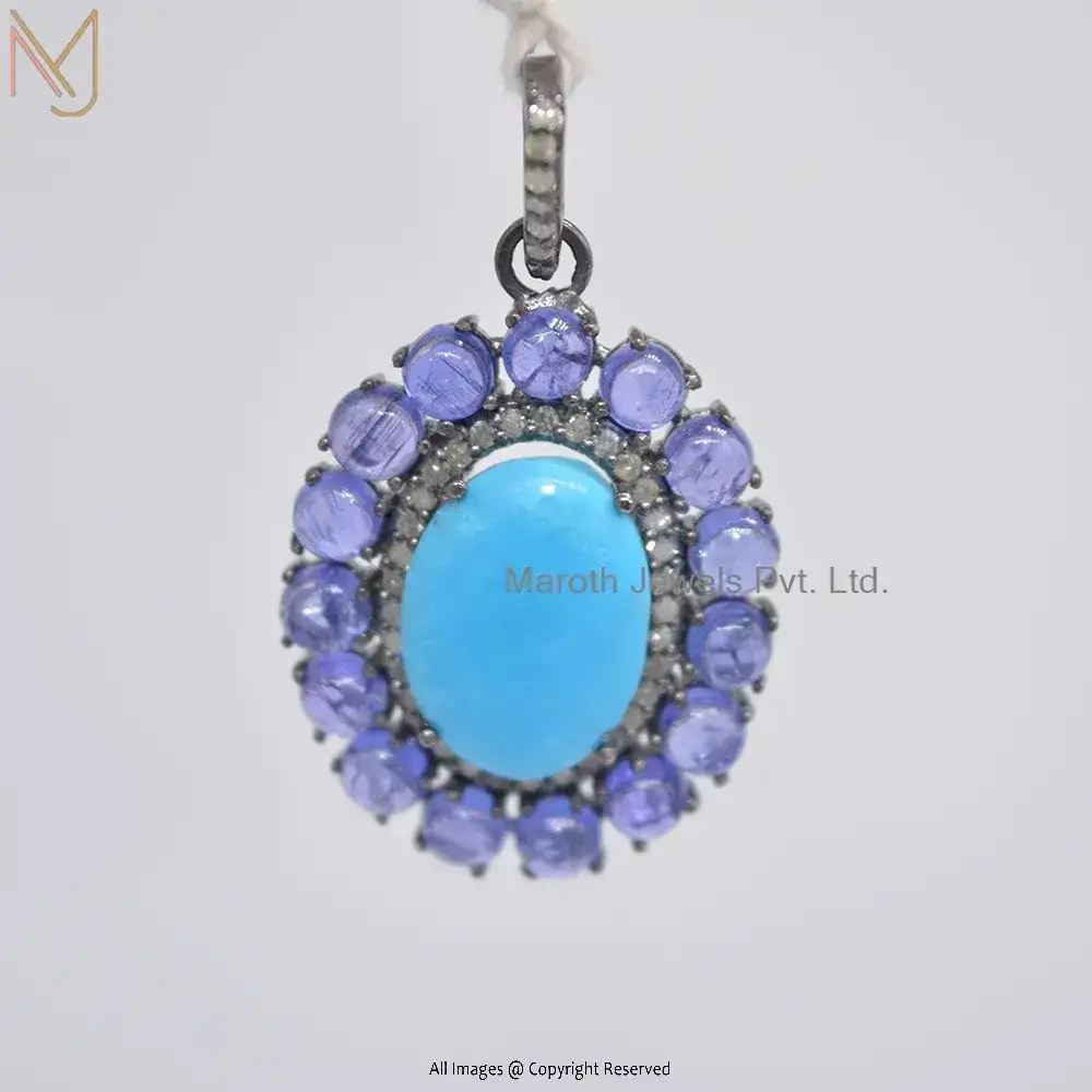 925 Silver Rhodium Plated Turquoise & Tanzanite Gemstone Diamond Pendant Jewelry Supplier